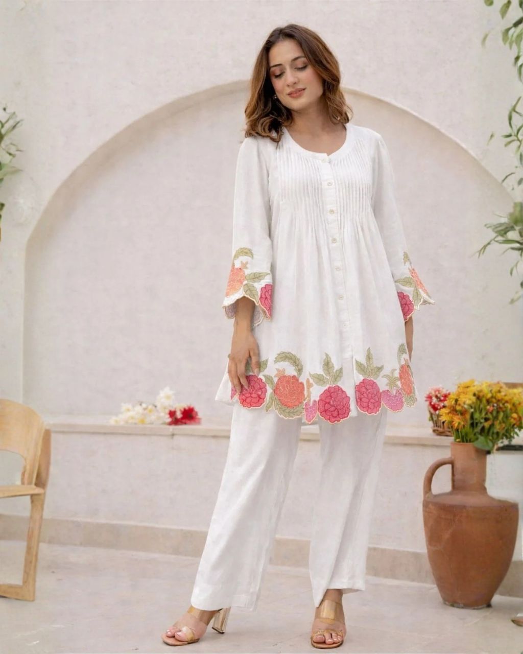 White Cotton Floral Embroidery Co-ord Set