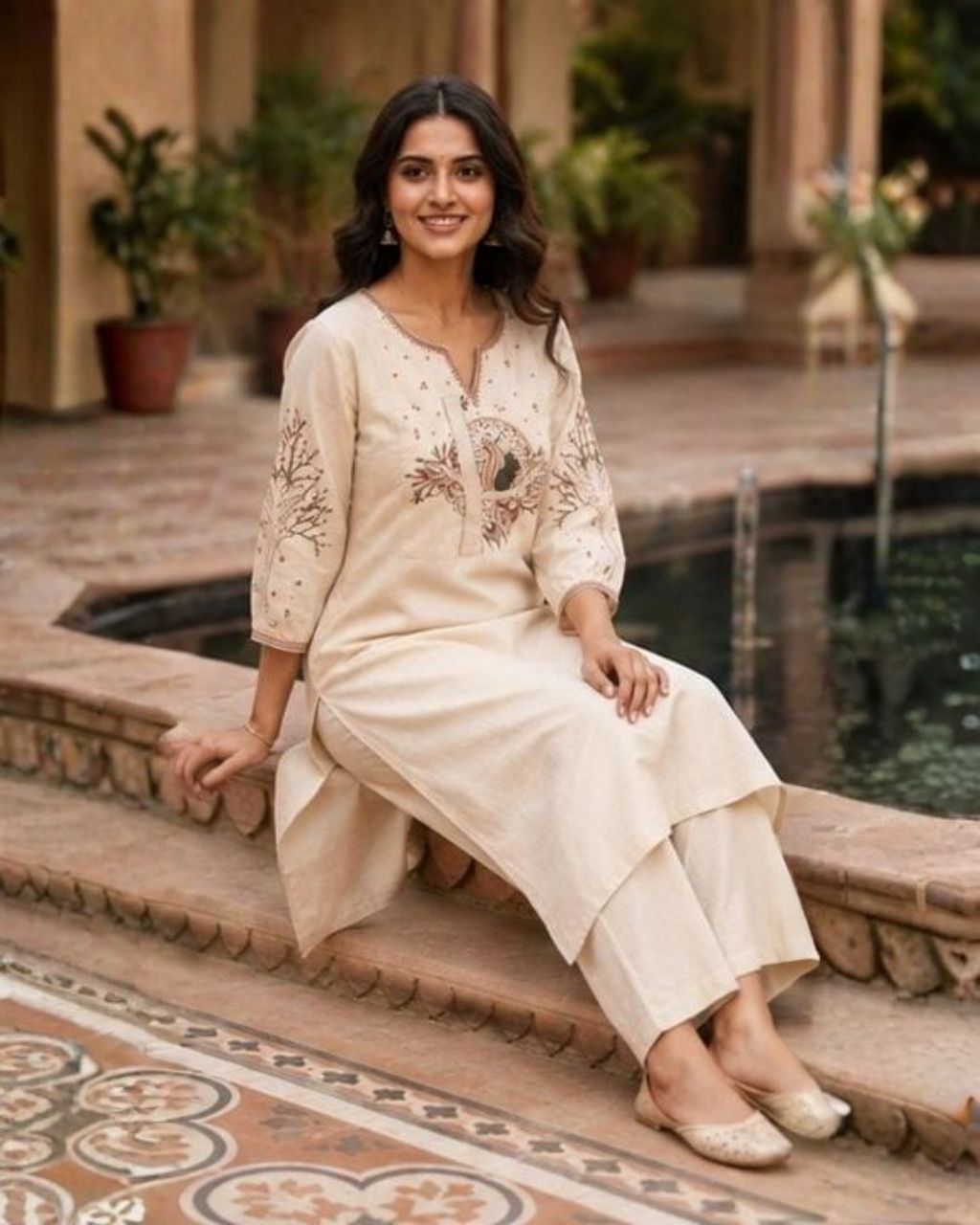 Ivory Cotton Embroidered Kurta Set Main image