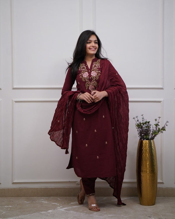 Wine Cotton Embroidered 3-Piece Kurta Dupatta Set