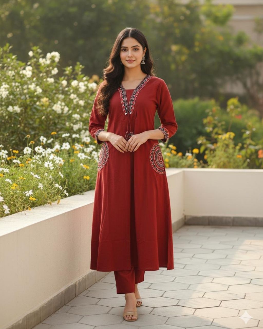 Rust Red Cotton Embroidered Kurta Set Main image