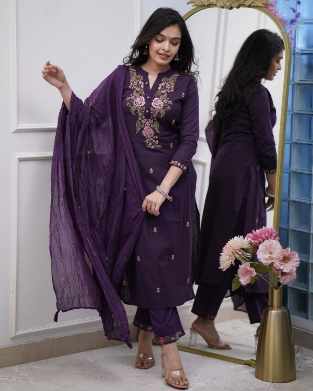 Deep Purple Cotton Embroidered 3-Piece Kurta Dupatta Set Main image