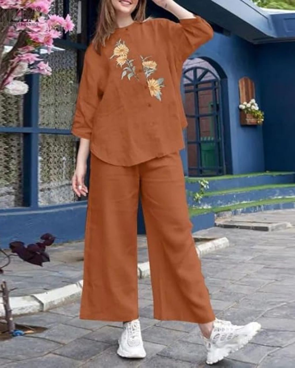 Brown Cotton Slub Multi-Embroidery Co-Ord Set
