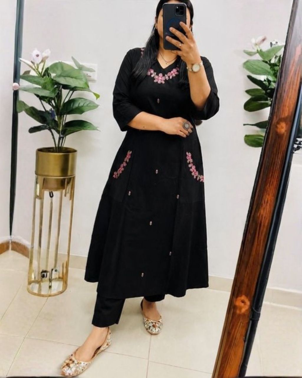 Black Cotton Embroidered Kurta Set