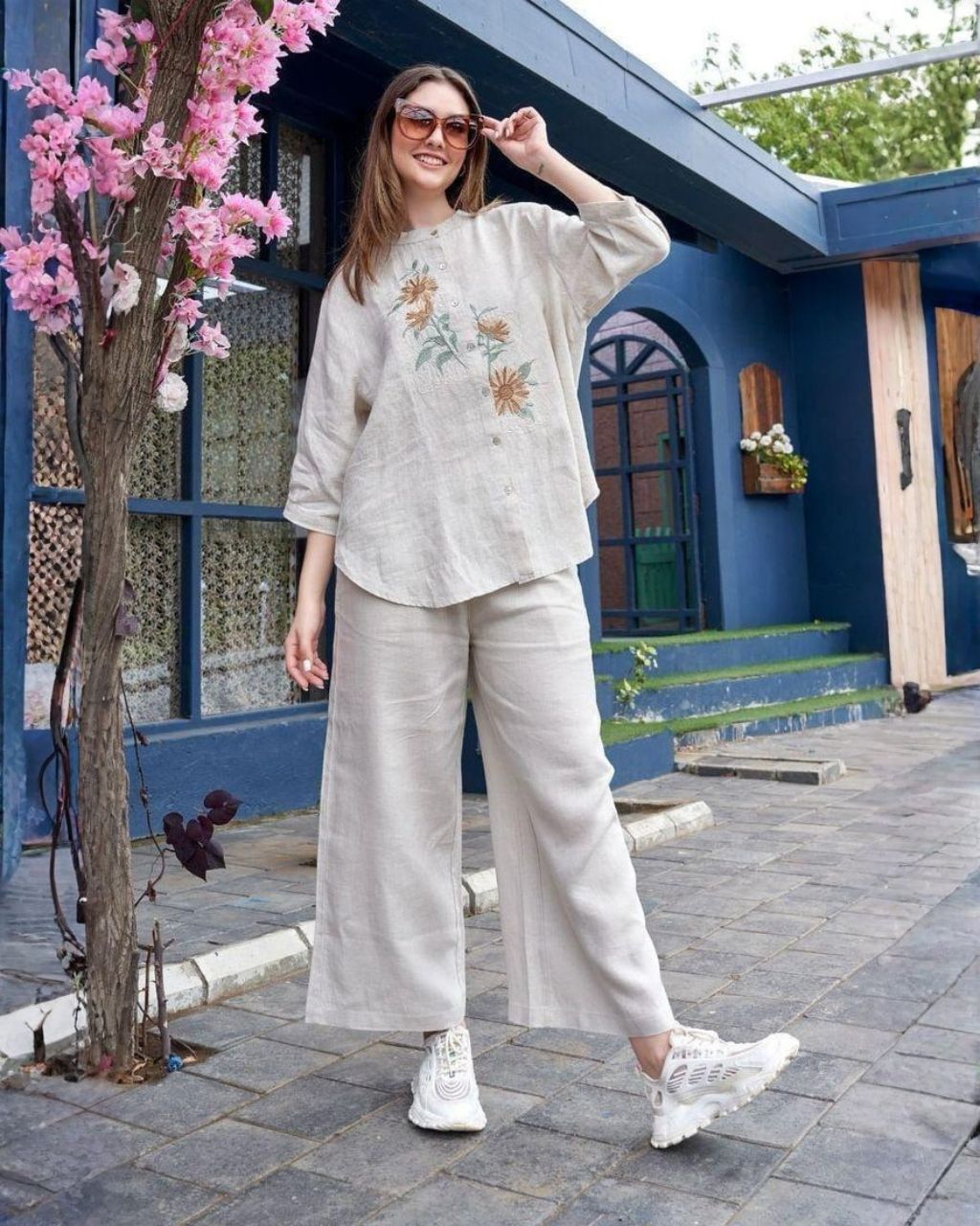 Grey Cotton Slub Multi-Embroidery Co-Ord Set Main image