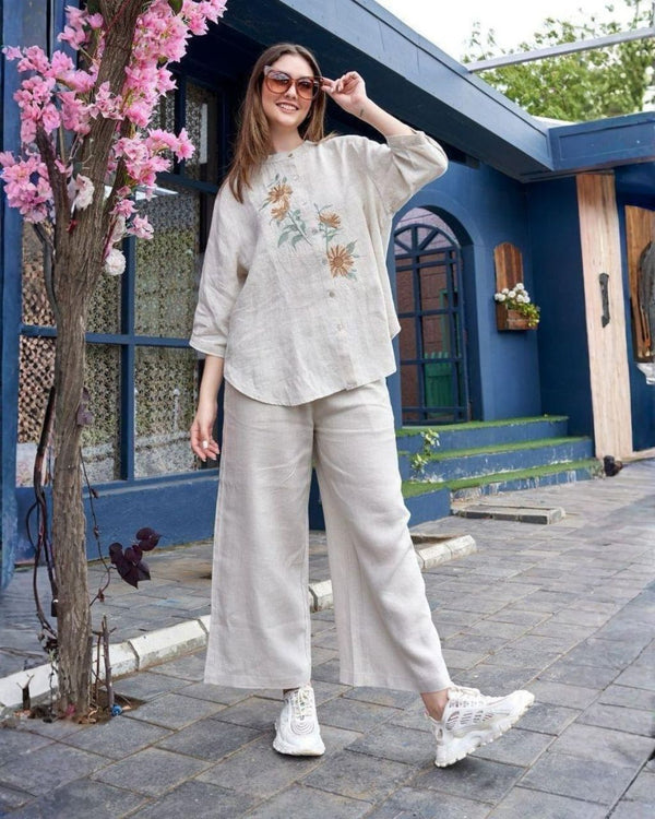 Grey Cotton Slub Multi-Embroidery Co-Ord Set