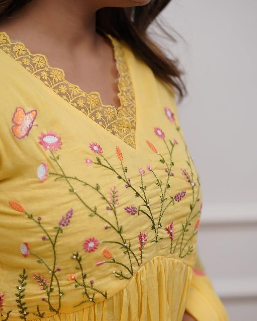 Pastel Yellow Cotton Embroidered Anarkali Dupatta Set Main image