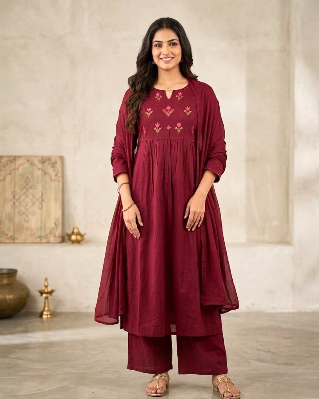 Maroon Cotton Embroidered Dupatta Set Main image