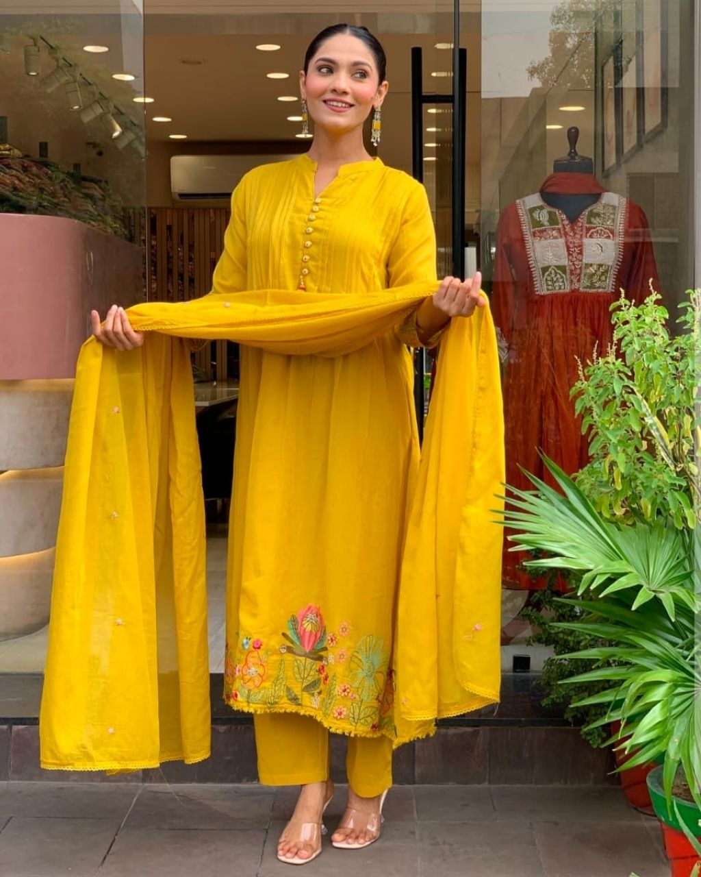 Mustard Cotton Yellow Embroidered Dupatta Set