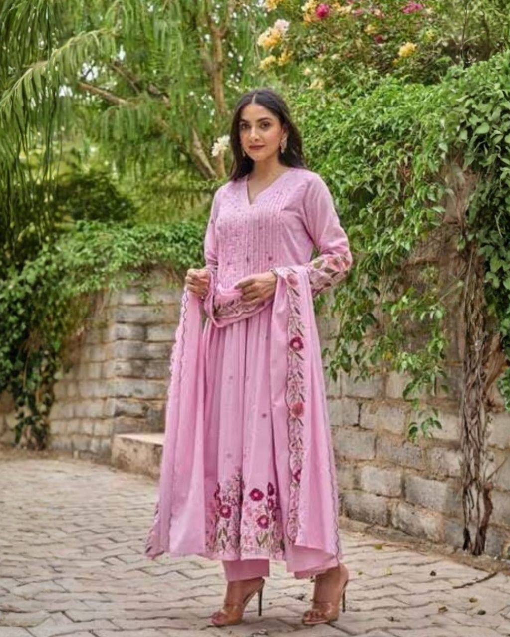 Pink Embroidered Mal Cotton 3-Piece Dupatta Set