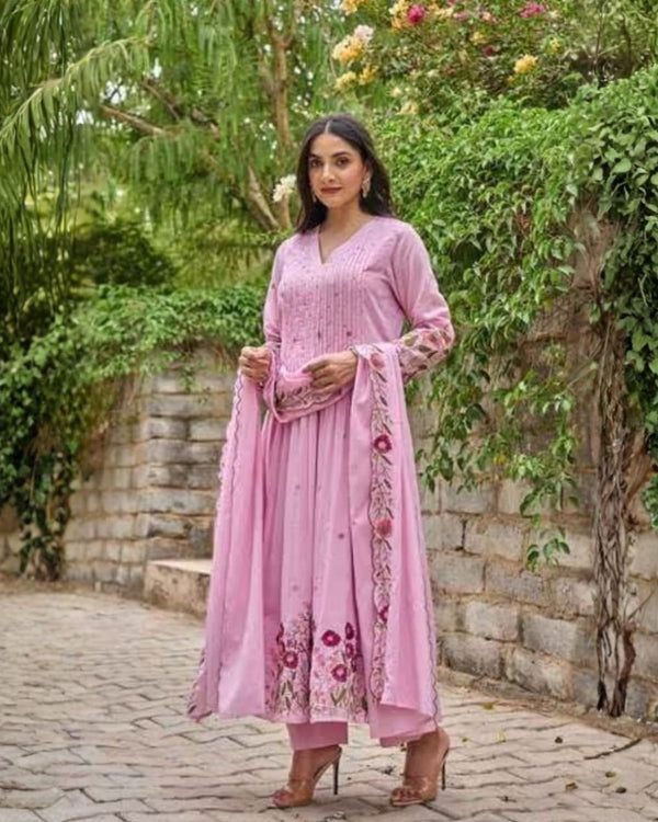Pink Embroidered Mal Cotton 3-Piece Dupatta Set