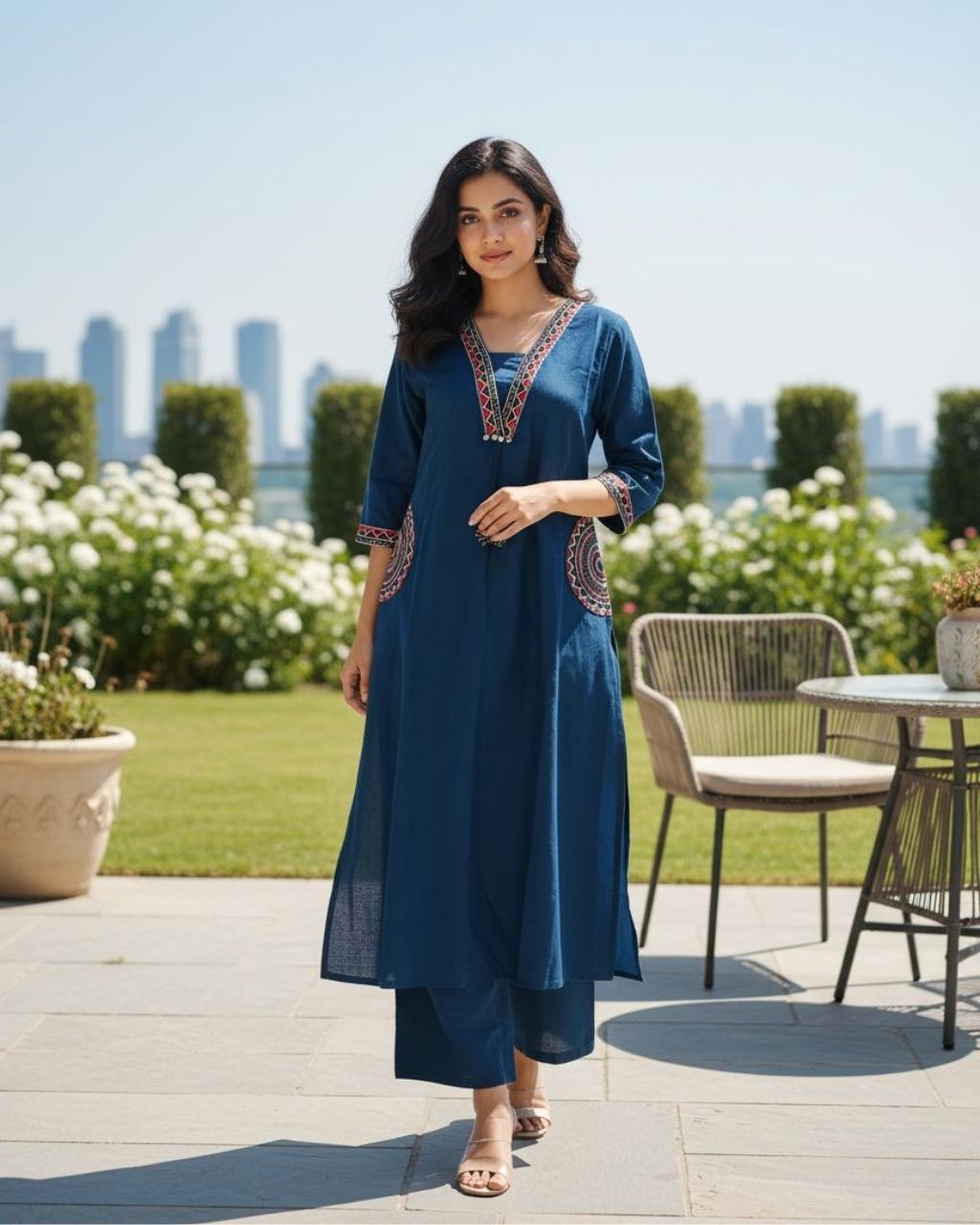 Navy Blue Cotton Embroidered Kurta Set