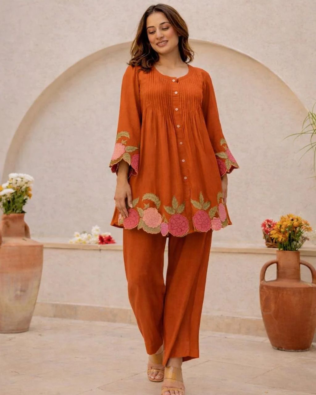 Rust Orange Cotton Floral Embroidery Co-ord Set