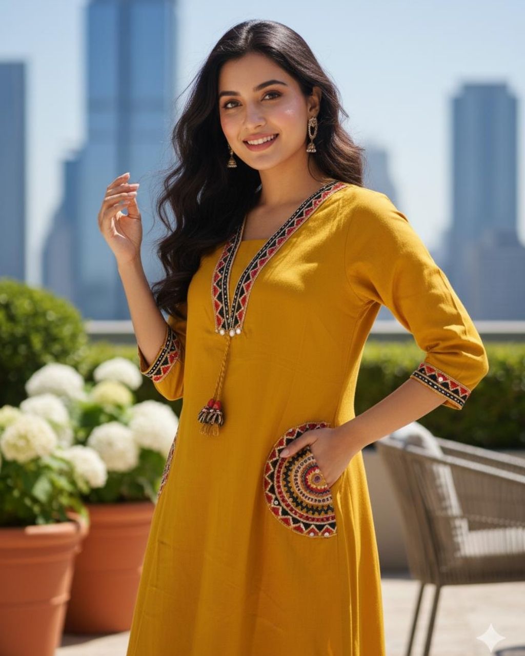 Mustard Yellow Cotton Embroidered Kurta