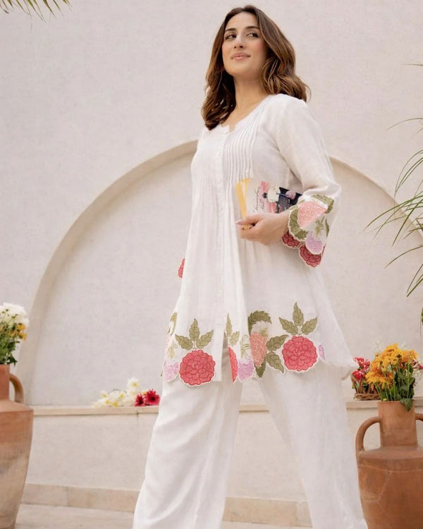 White Cotton Floral Embroidery Co-ord Set