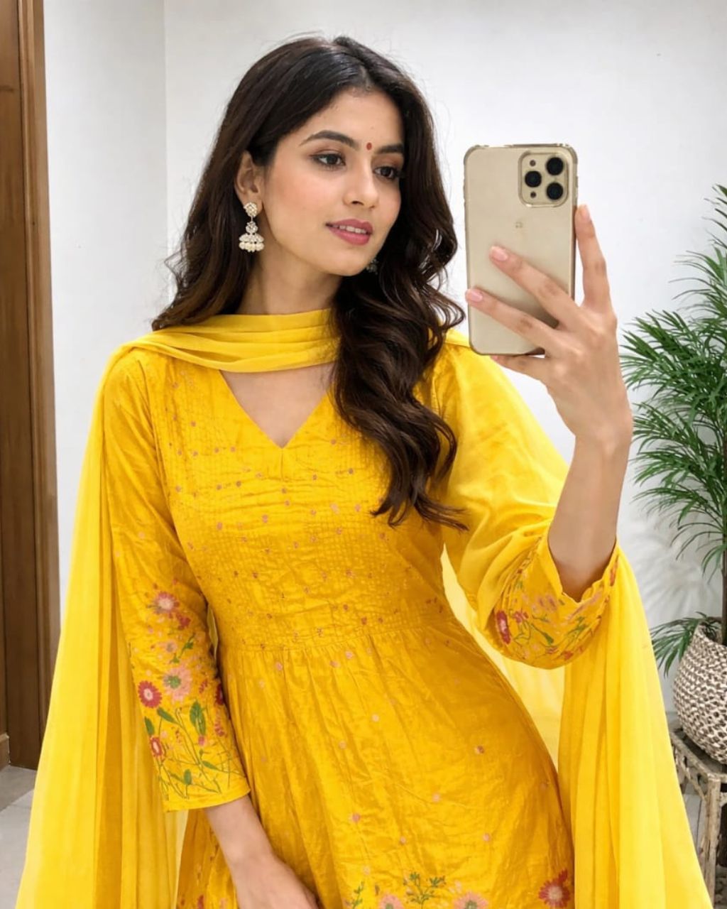 Yellow Floral Embroidered Anarkali Dupatta Set Secondary image