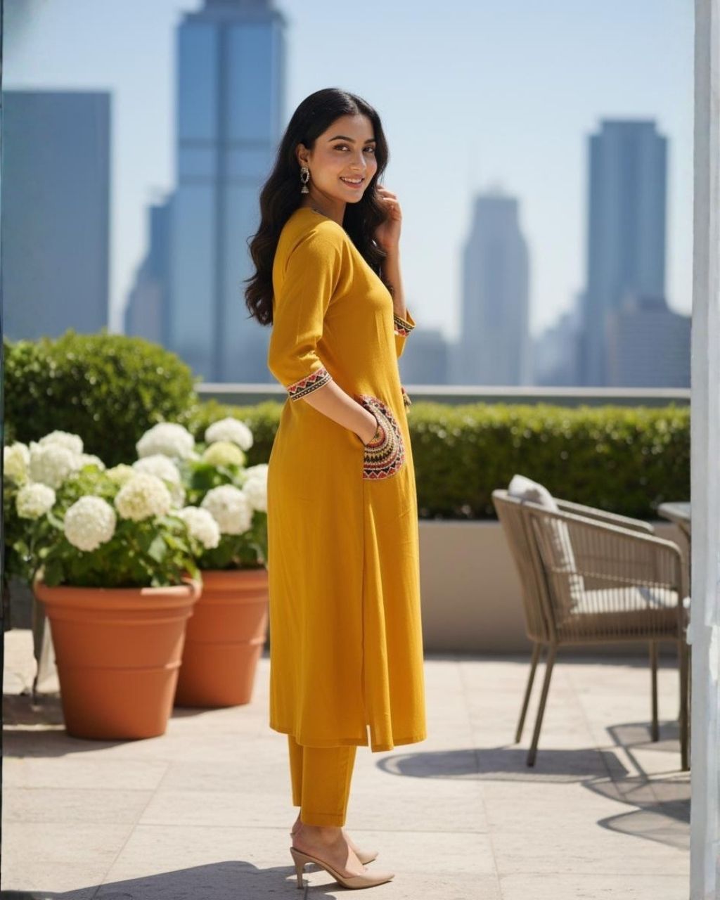 Mustard Yellow Cotton Embroidered Kurta