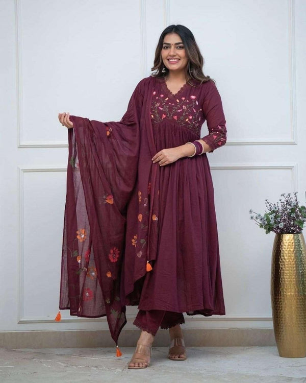 Maroon Cotton Embroidered Anarkali Dupatta Set