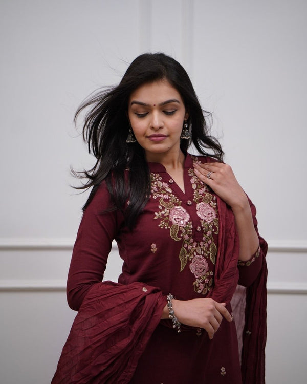 Wine Cotton Embroidered 3-Piece Kurta Dupatta Set