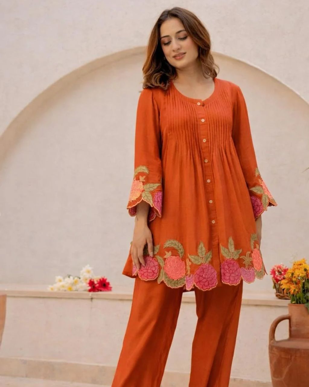 Rust Orange Cotton Floral Embroidery Co-ord Set Secondary image