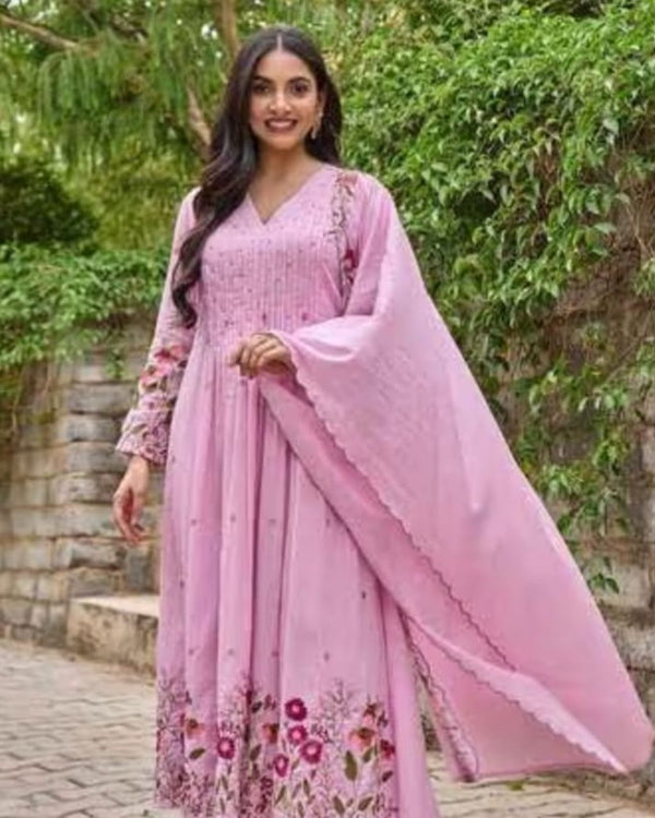 Pink Embroidered Mal Cotton 3-Piece Dupatta Set
