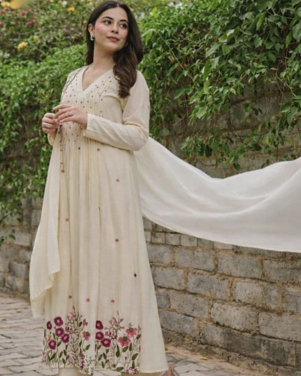 Cream Floral Embroidered Dupatta Set