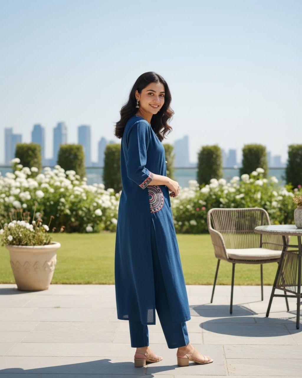 Navy Blue Cotton Embroidered Kurta Set