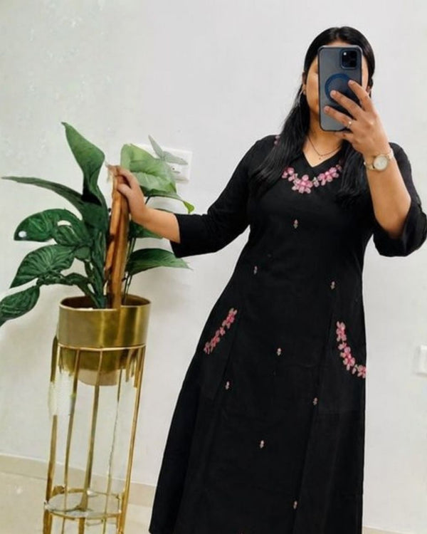 Black Cotton Embroidered Kurta Set