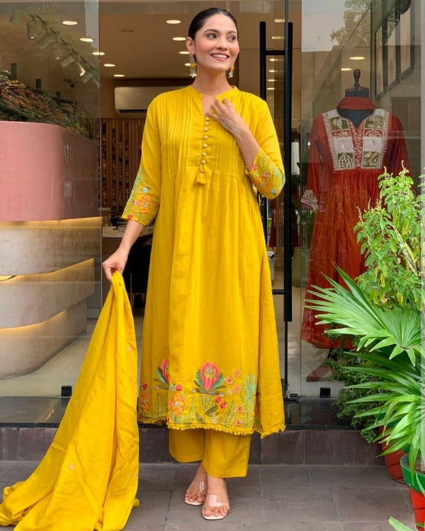 Mustard Cotton Yellow Embroidered Dupatta Set