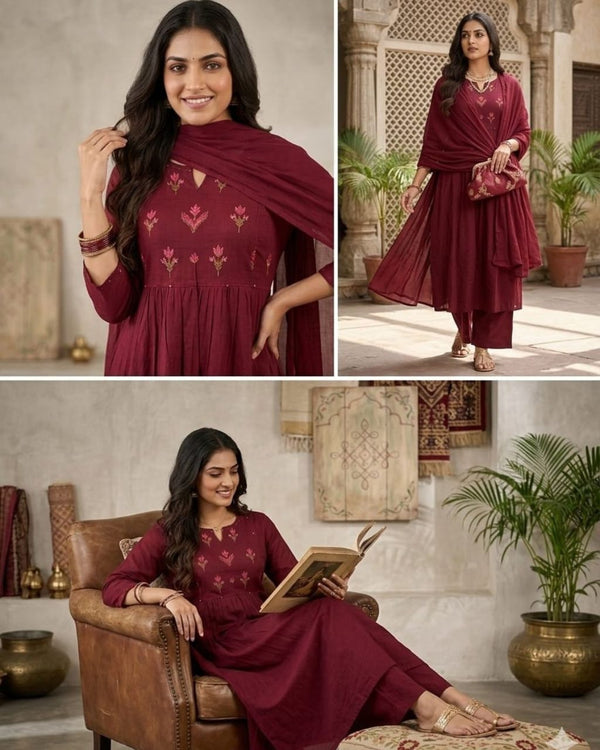 Maroon Cotton Embroidered Dupatta Set