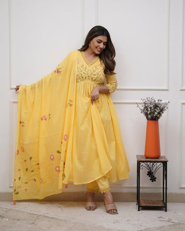 Pastel Yellow Cotton Embroidered Anarkali Dupatta Set