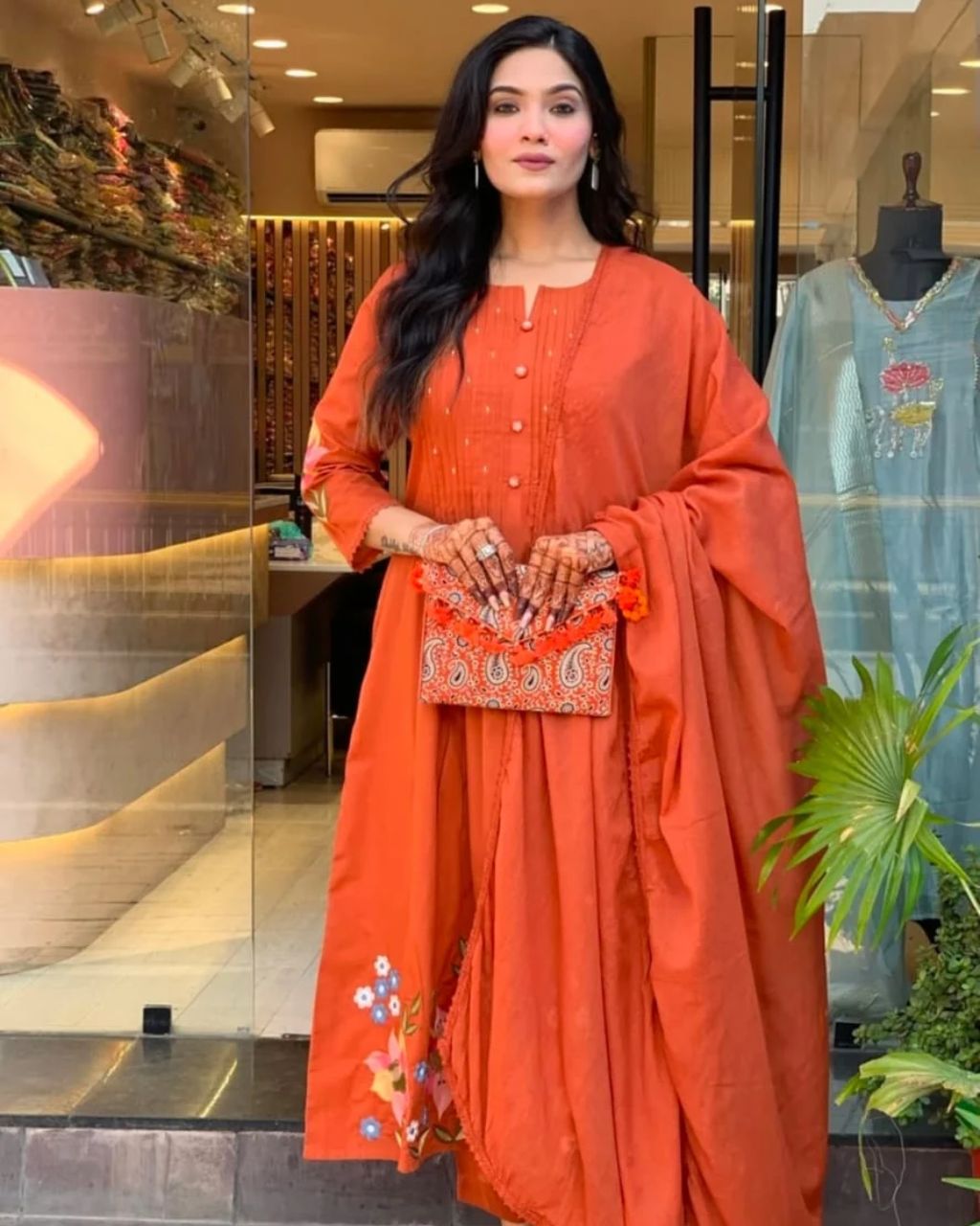 Rust Orange Cotton Floral Embroidered Dupatta Set Secondary image