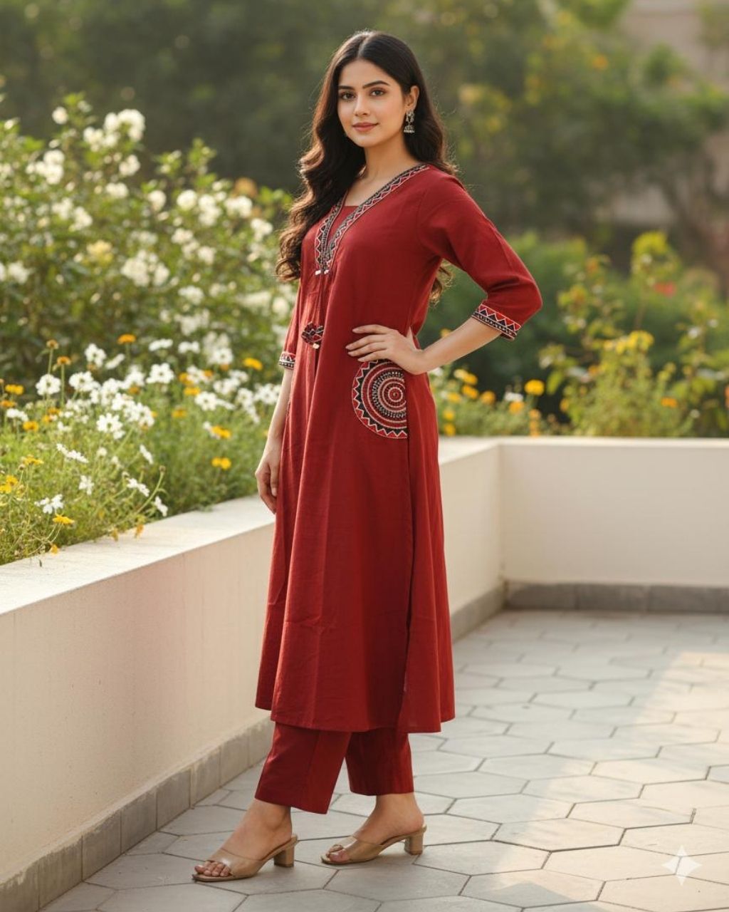 Rust Red Cotton Embroidered Kurta Set