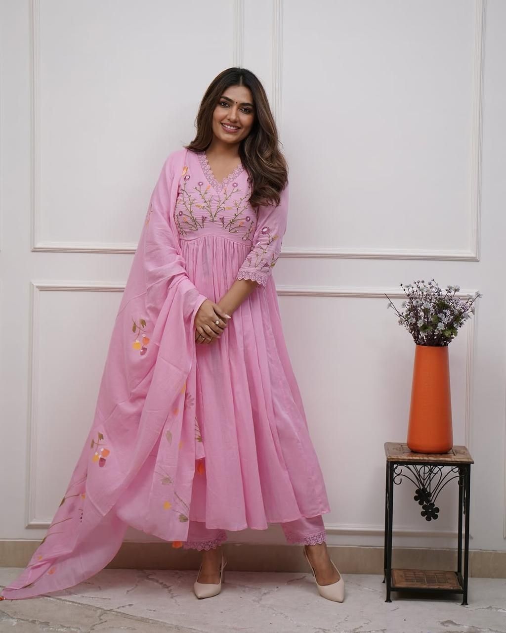 Pastel Pink Cotton Embroidered Anarkali Dupatta Set