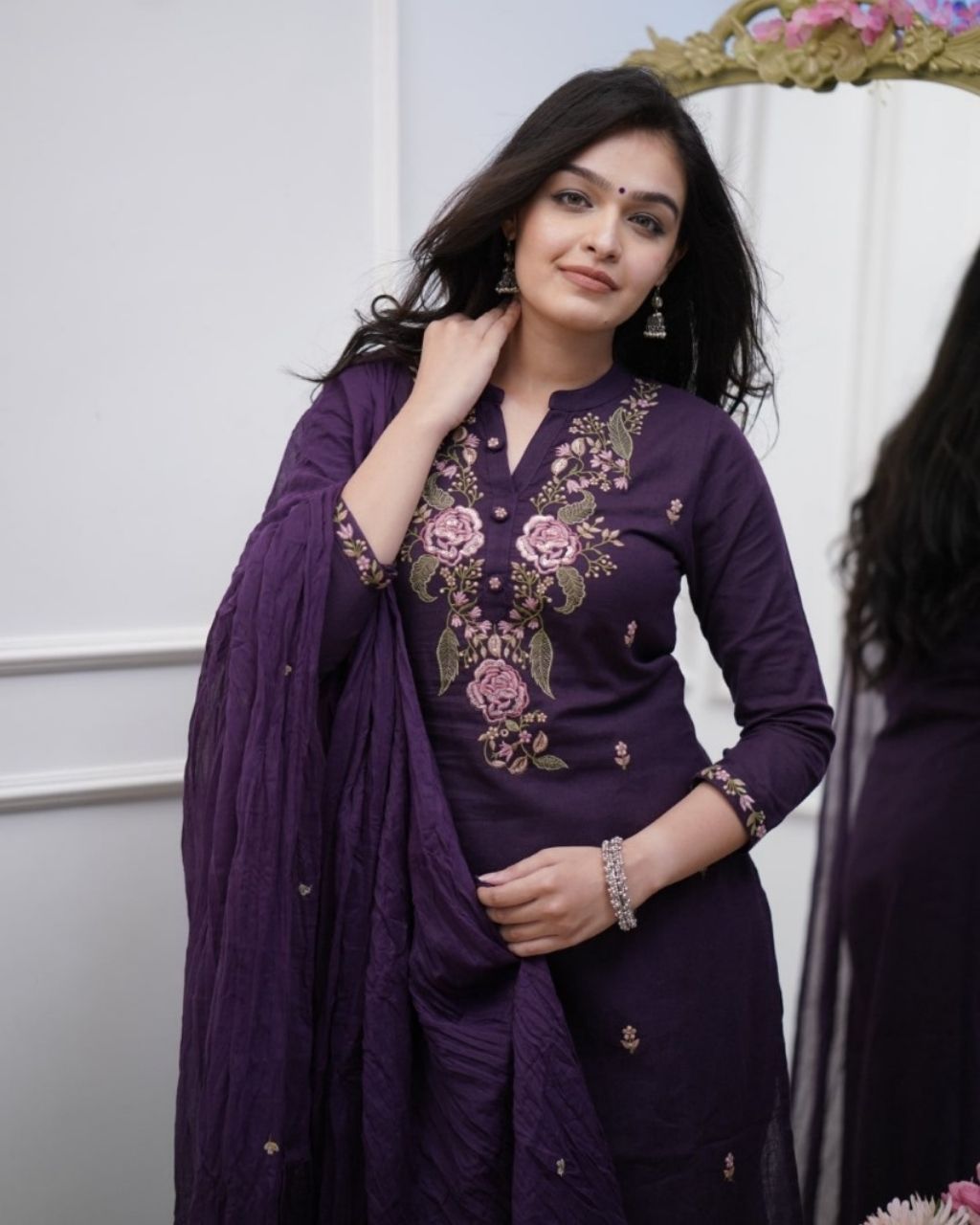 Deep Purple Cotton Embroidered 3-Piece Kurta Dupatta Set