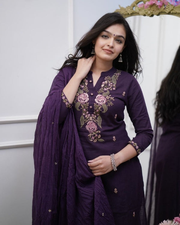 Deep Purple Cotton Embroidered 3-Piece Kurta Dupatta Set