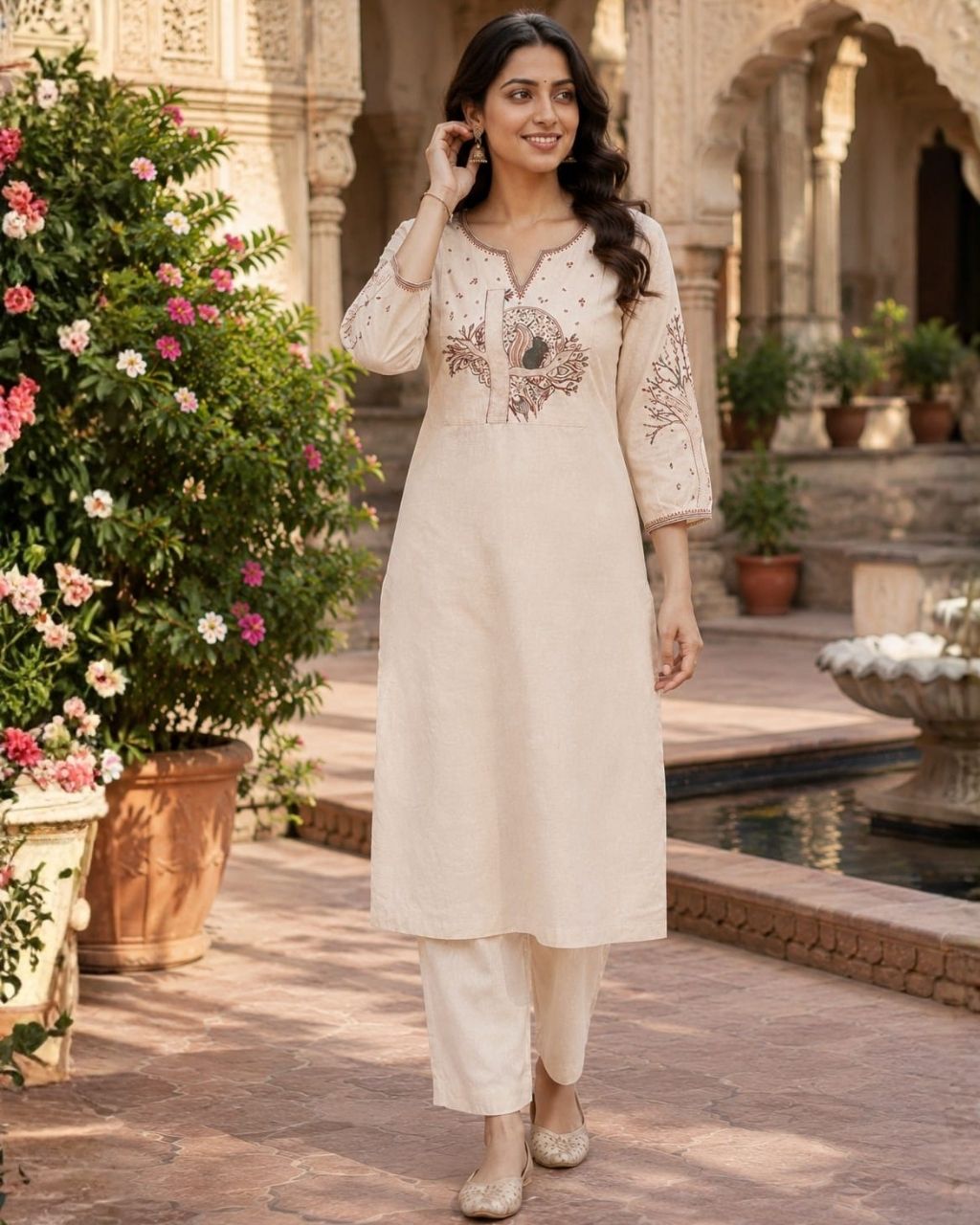 Ivory Cotton Embroidered Kurta Set