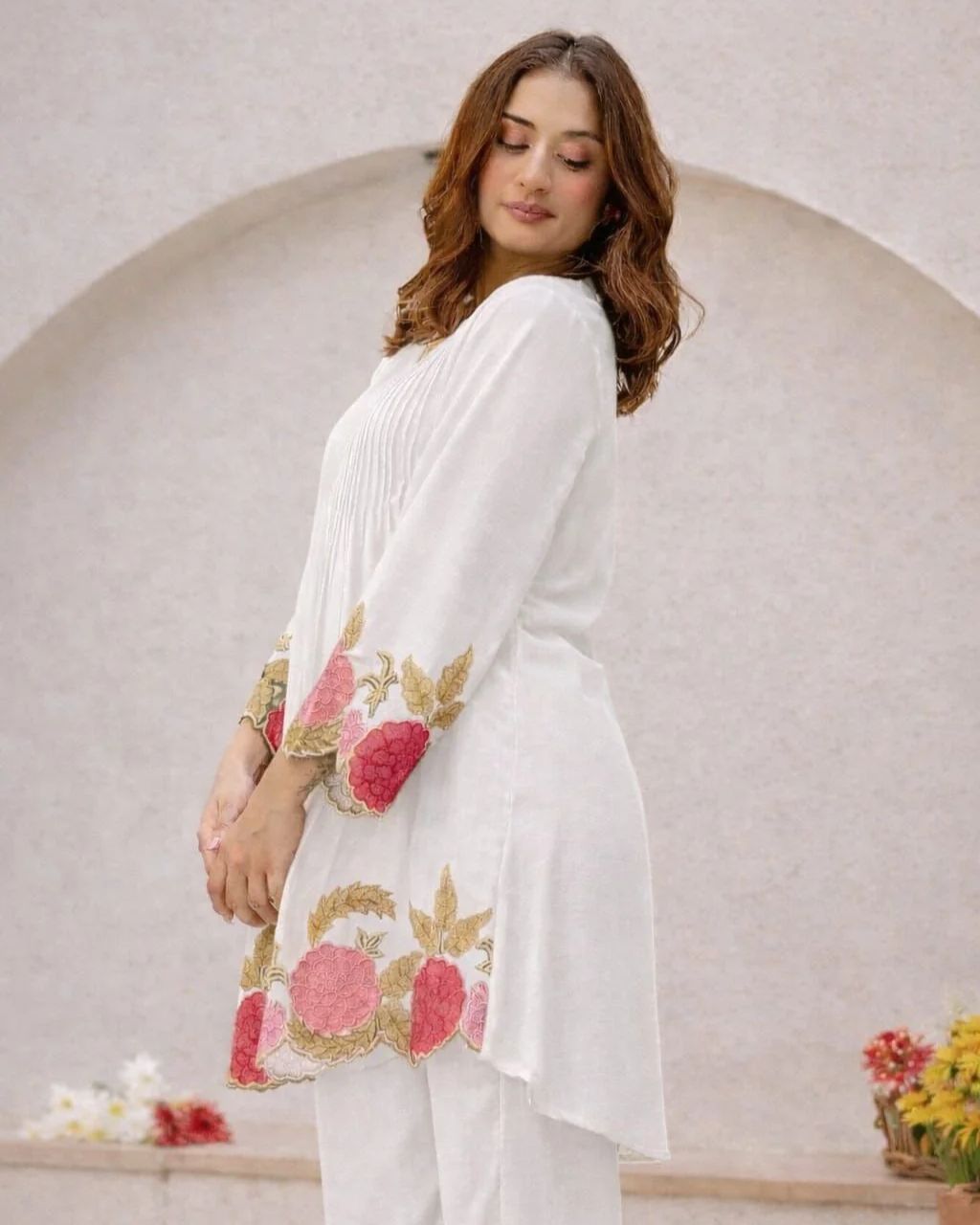 White Cotton Floral Embroidery Co-ord Set
