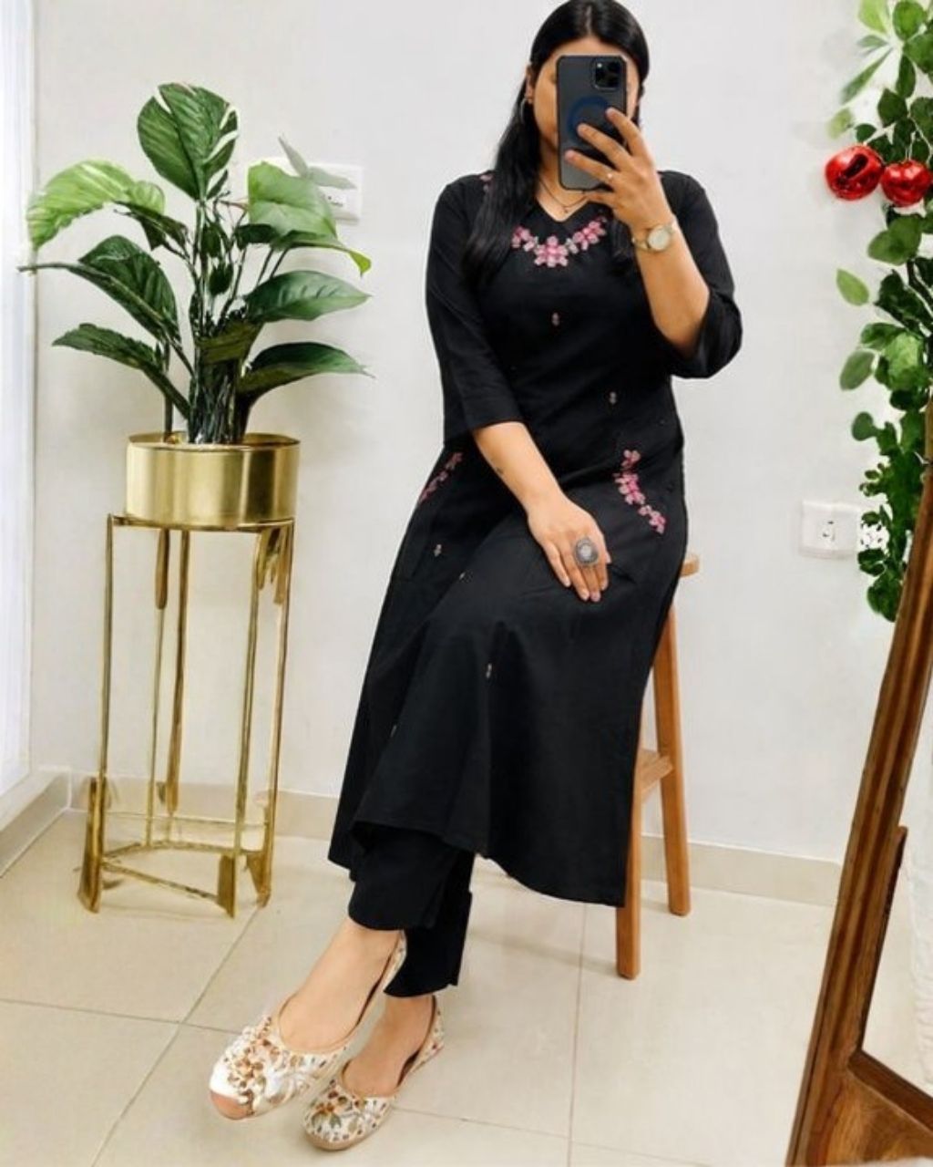 Black Cotton Embroidered Kurta Set