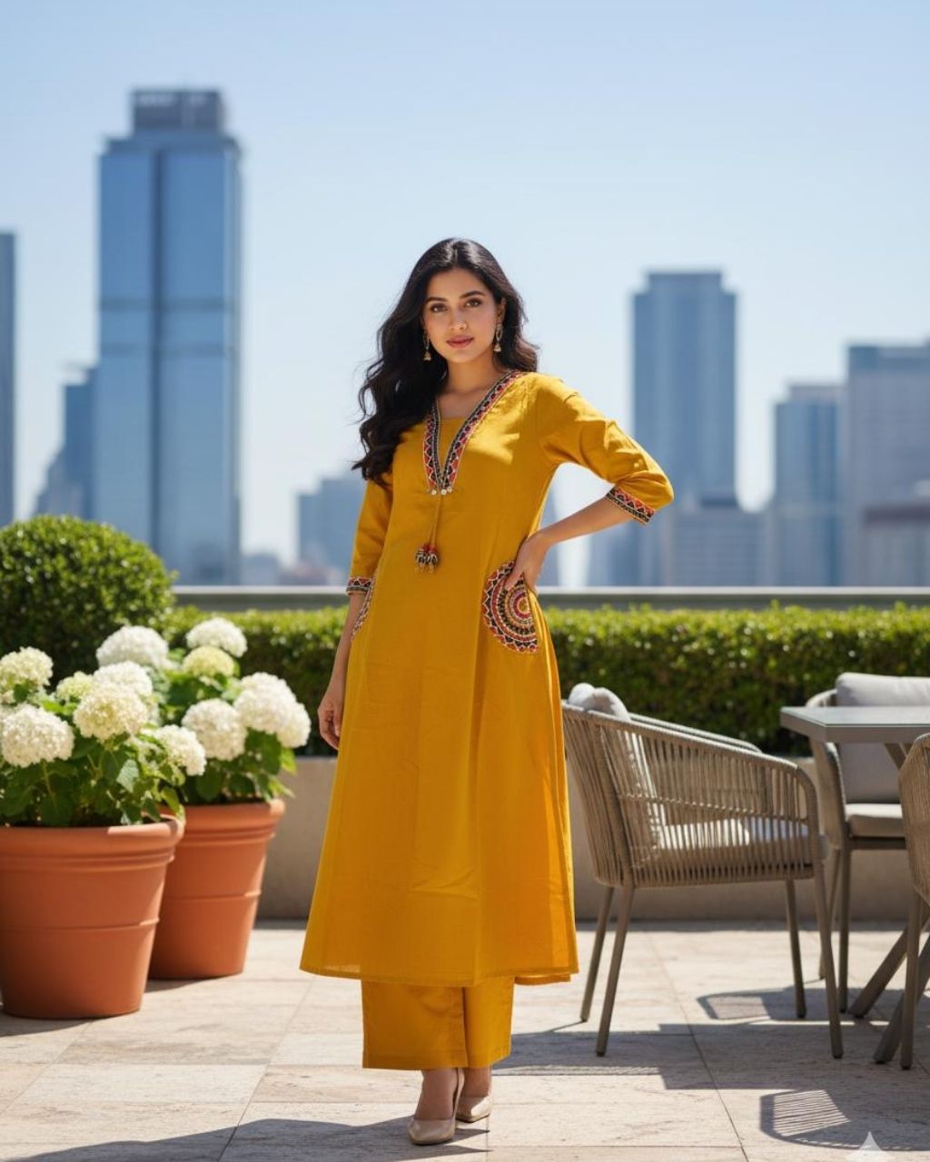 Mustard Yellow Cotton Embroidered Kurta