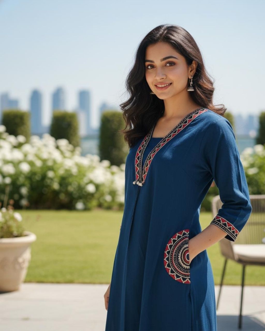 Navy Blue Cotton Embroidered Kurta Set