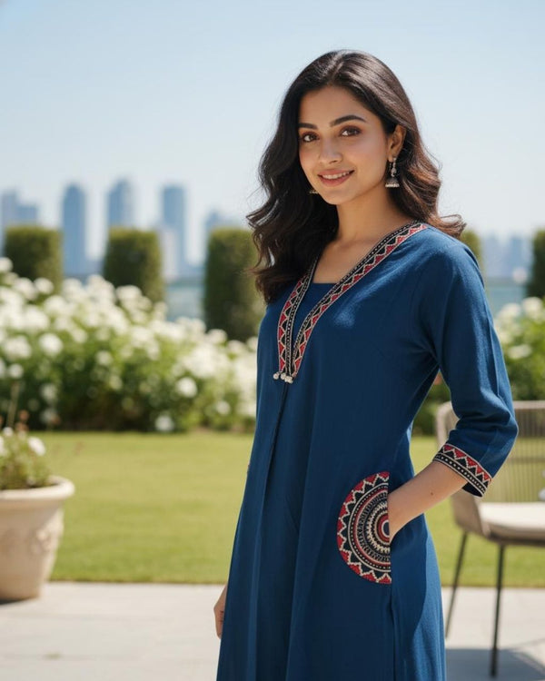 Navy Blue Cotton Embroidered Kurta Set