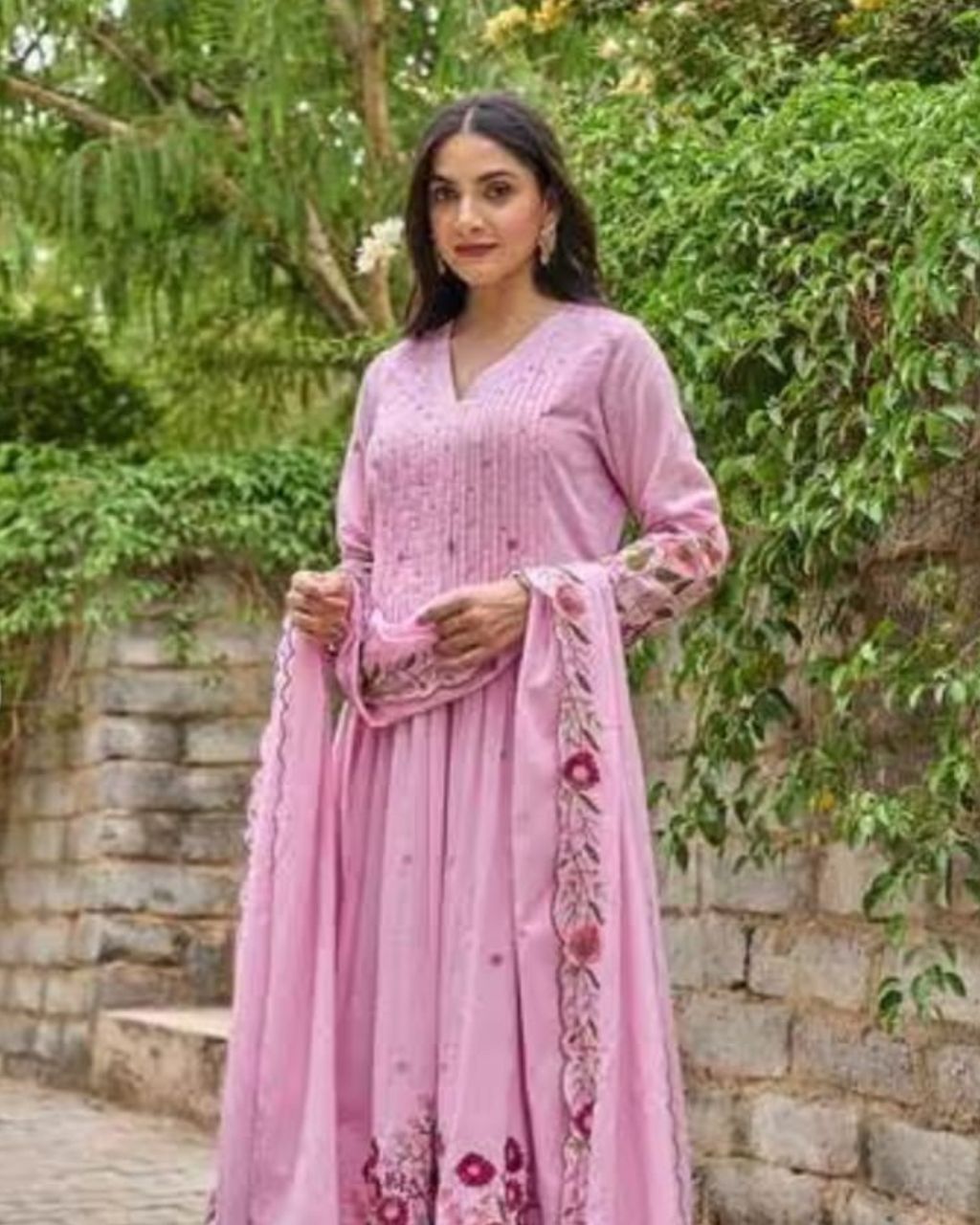 Pink Embroidered Mal Cotton 3-Piece Dupatta Set