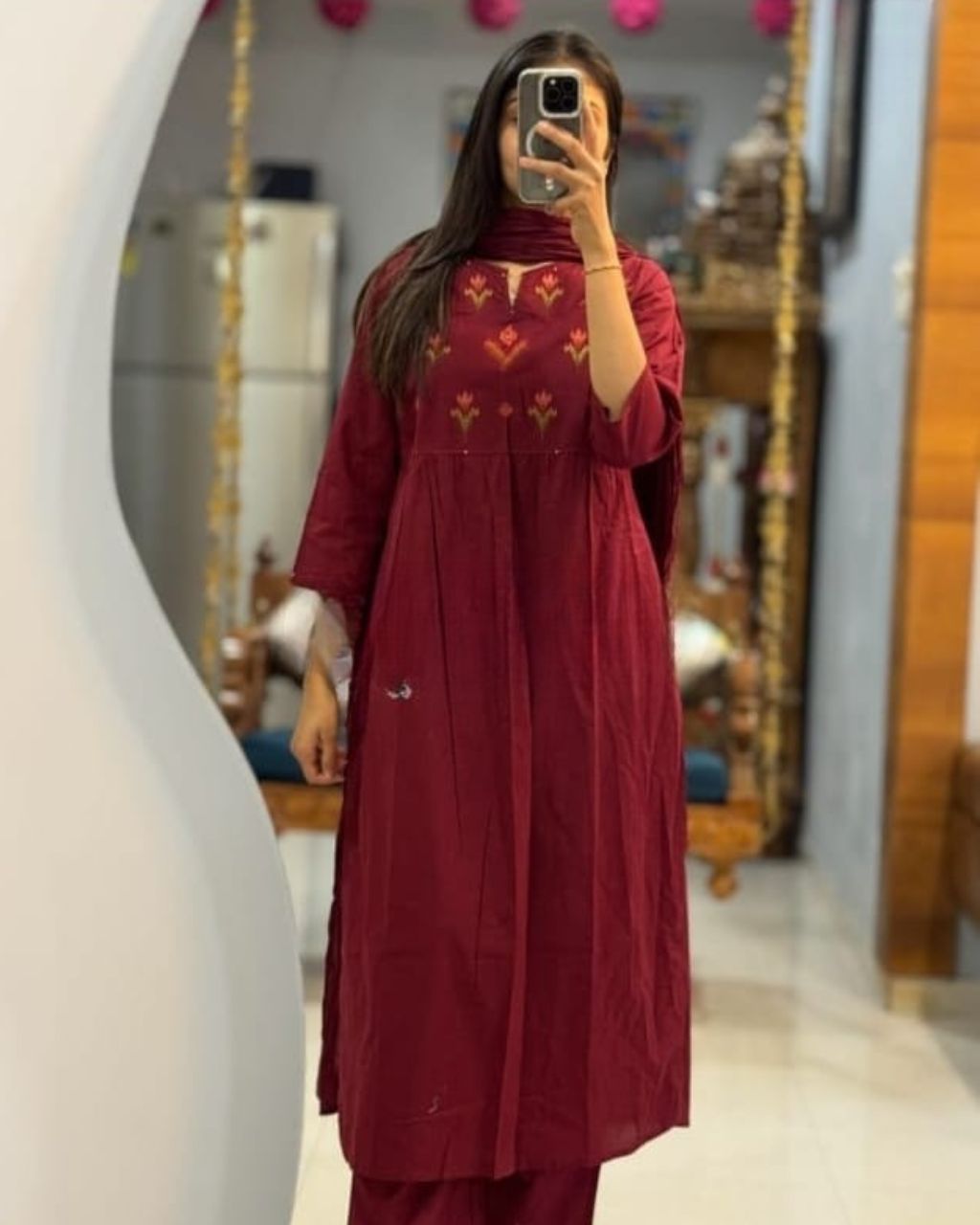 Maroon Cotton Embroidered Dupatta Set