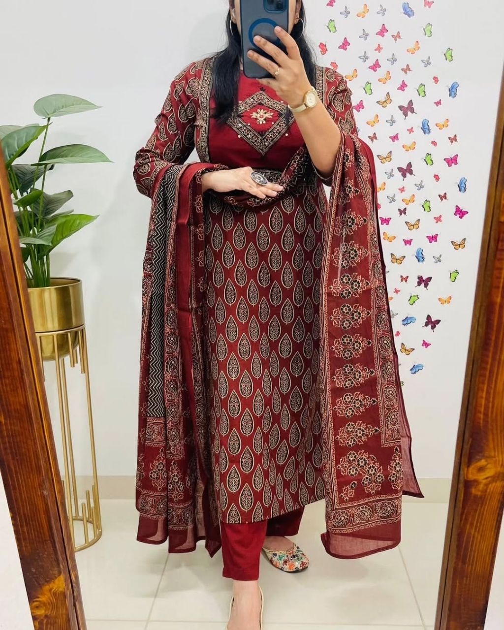 Premium Cotton Maroon Printed Dupatta Set