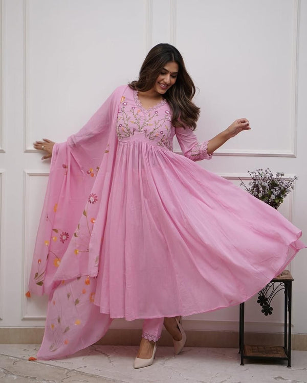 Pastel Pink Cotton Embroidered Anarkali Dupatta Set
