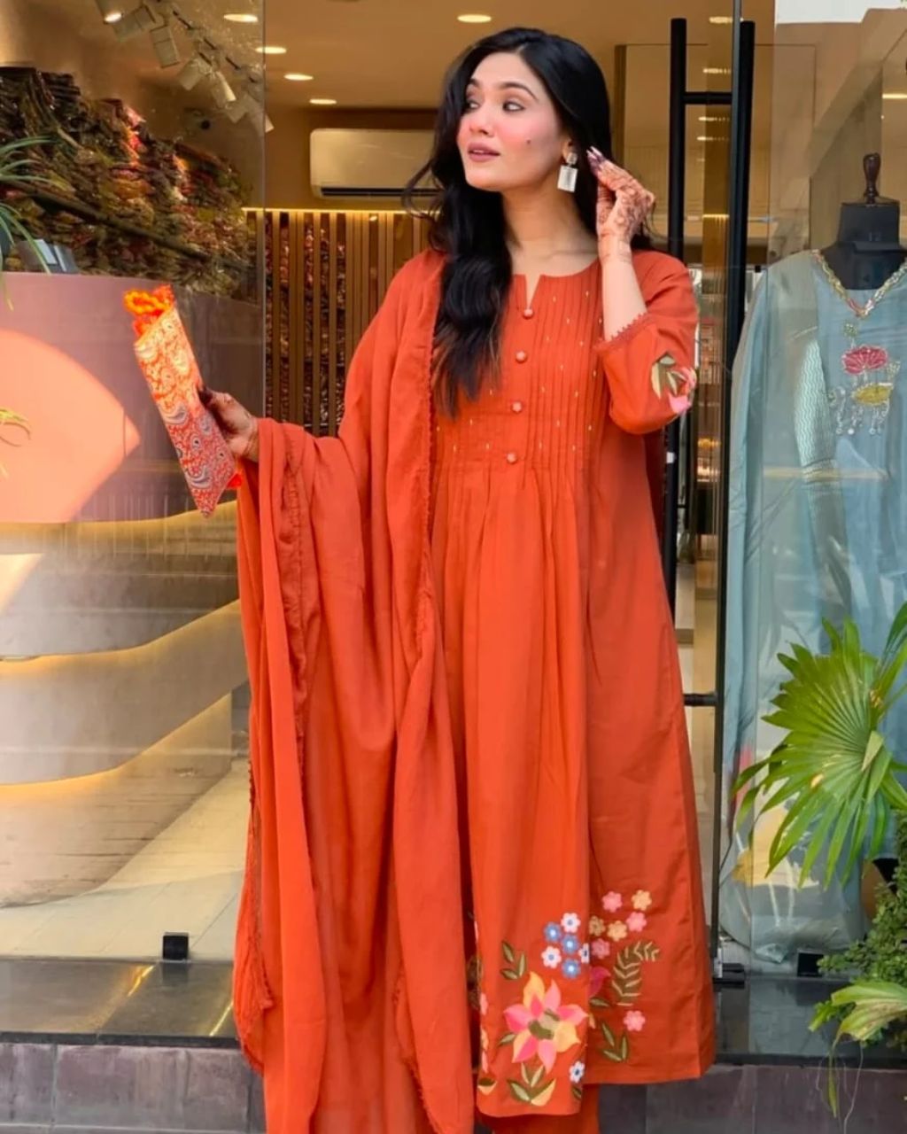 Rust Orange Cotton Floral Embroidered Dupatta Set