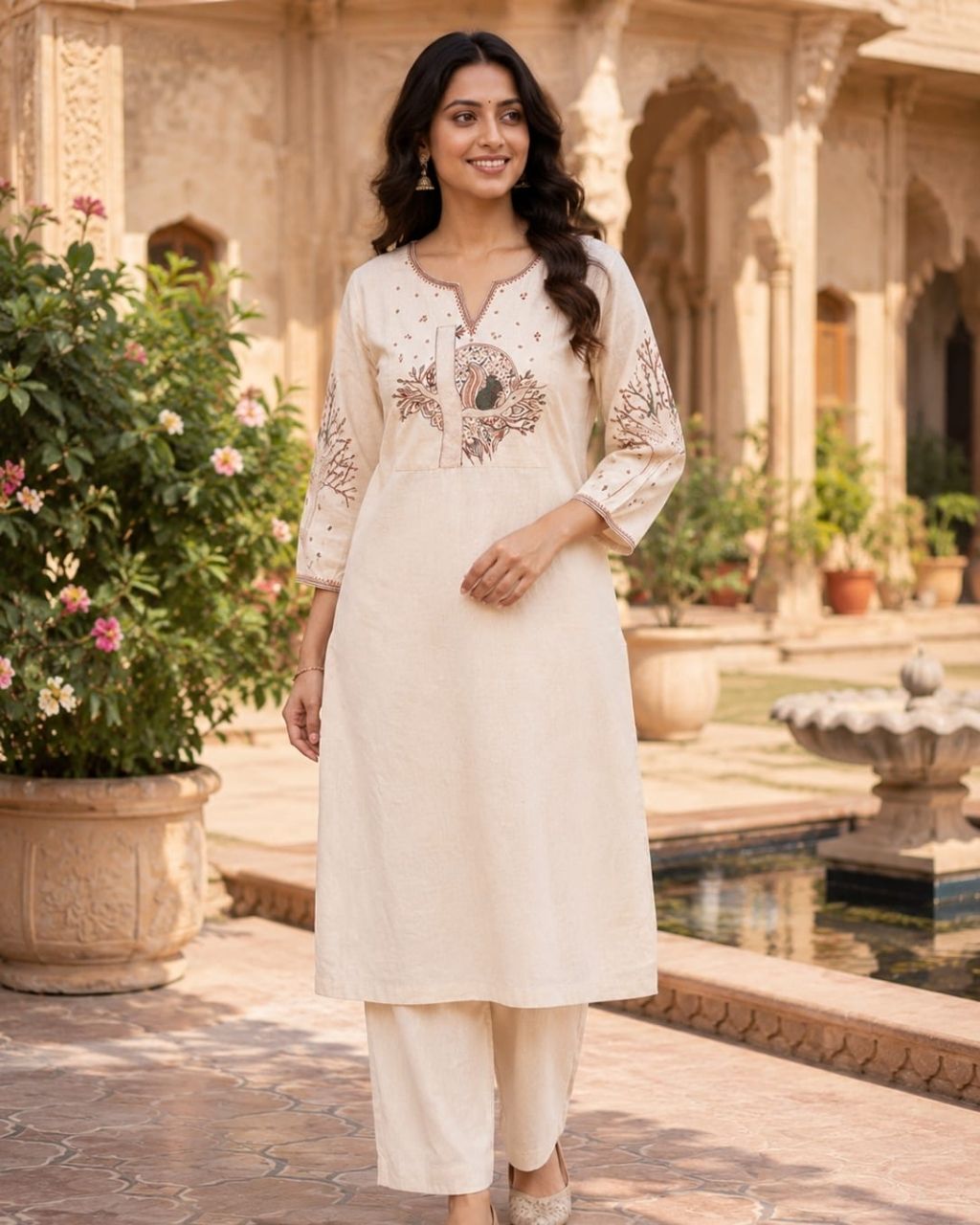 Ivory Cotton Embroidered Kurta Set
