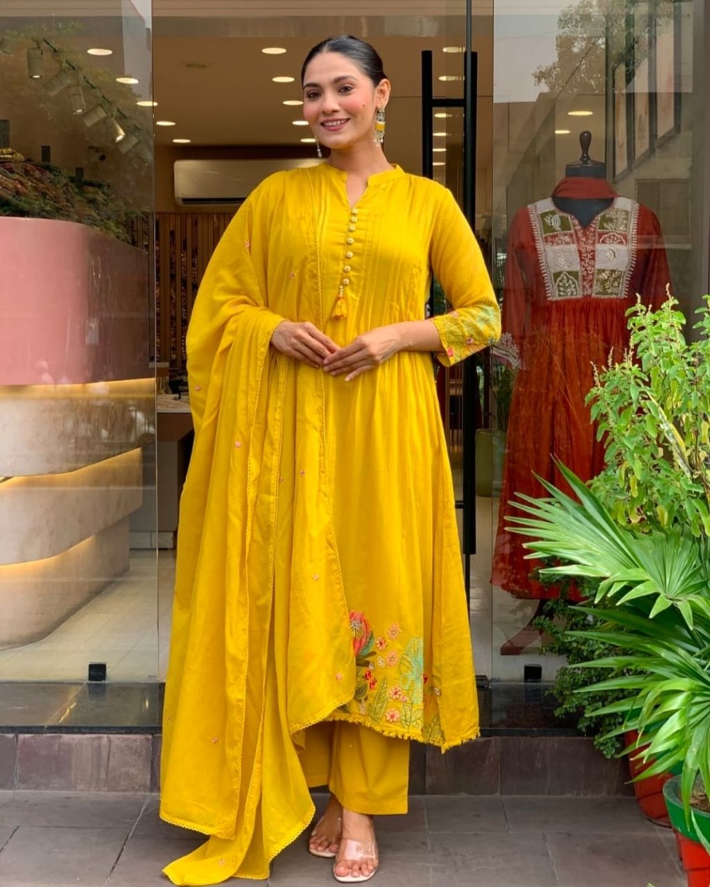 Mustard Cotton Yellow Embroidered Dupatta Set Main image