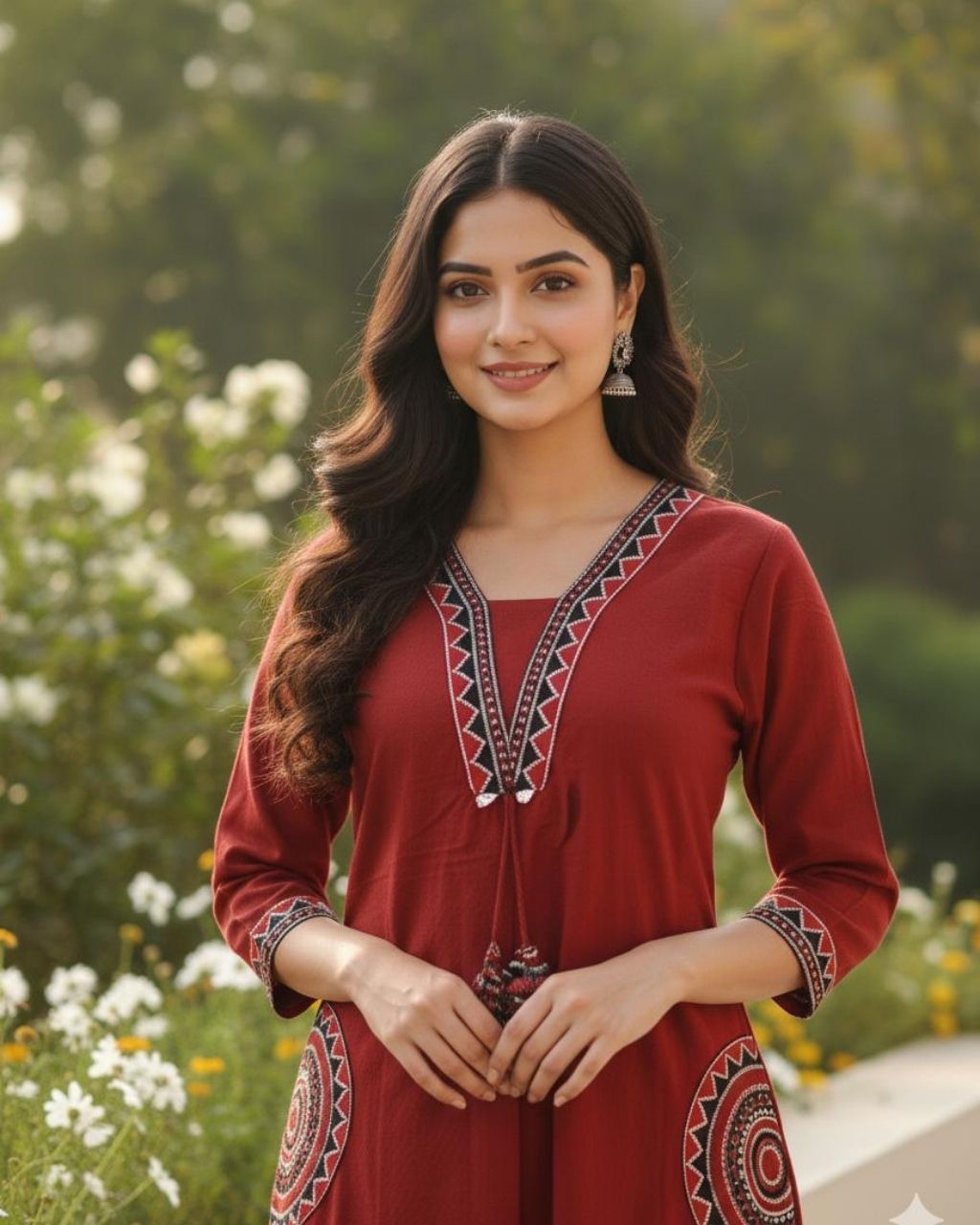 Rust Red Cotton Embroidered Kurta Set Secondary image