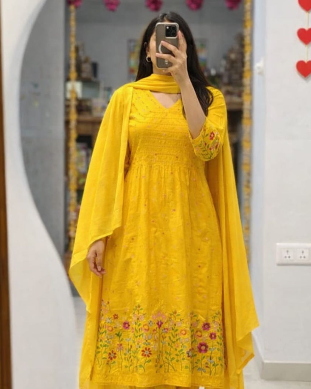 Yellow Floral Embroidered Anarkali Dupatta Set